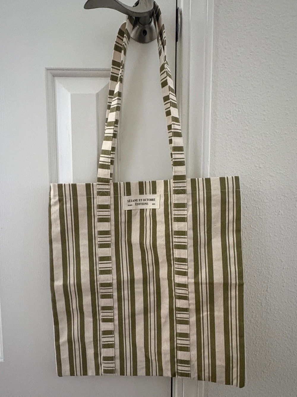 Sézane et Octobre Éditions 
Striped Olive & Cream Canvas Tote Bag